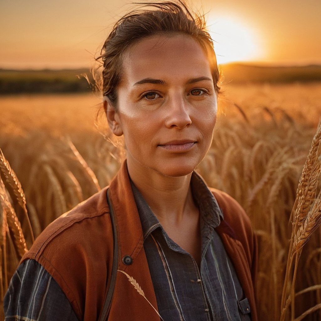 A resilient woman farmer stands amidst golden wheat, her face bathed in the warm glow of sunset. Her connection to the land is depicted with extremely realistic, cinematic, vibrant colors and shadows.