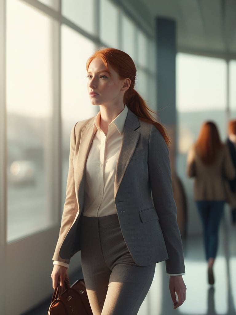 masterpiece, close up portrait,  woman redhead ,   dynamic walk, move,   plane visible through windows,   trending on cg society, digital art, a hyperrealistic girl, perfect slim body,  hyperrealistic schoolgirl, dressed like bitch , realistic student, still from a live action movie, warm cinematic, sun rays, ray tracing, perfect perspective, promotional still,  airport interior background,warm cinematic, sunset god rays
