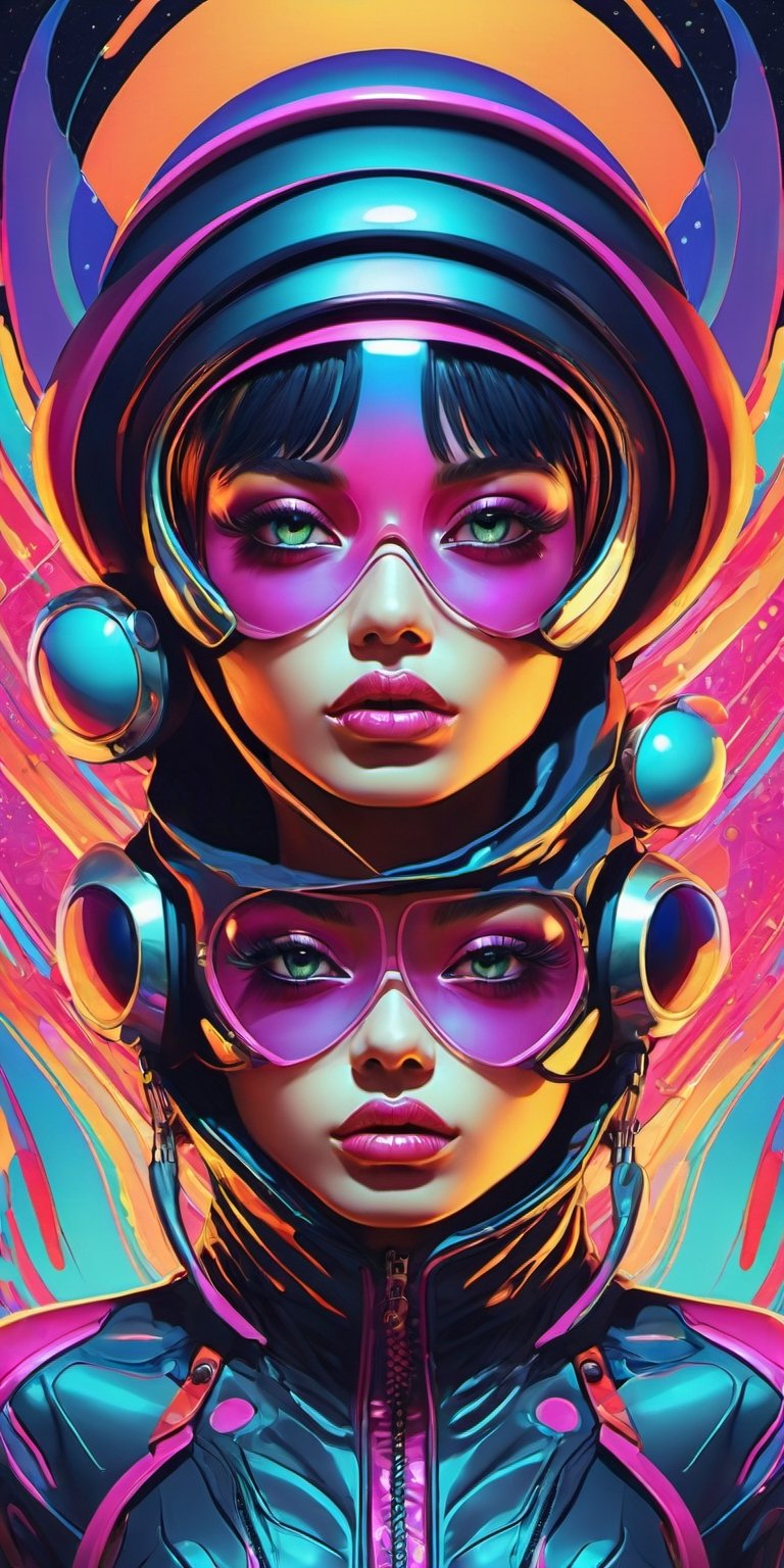 in a funky background portrait of little alien woman, Prominent eyes, funky background, illustration, anime, vector, nft, azuki style, anime style, cowboy shot,digital multi colored, slick bold design, clean, glossy lines, digital illustration, gloss finish, funky aesthetic, impeccable detail, awesome visual impact, endowed with gloss finish, bathed in volumetric lighting, refined by Add_Details_XL-fp16 algorithm, 4D octane rendering, infused with global illumination and precise line art, softened through macros, executed with V-Ray, epitome of visionary art, nuanced by elegant perfectionism and pop art consumerism, infused, aw0k euphoric style --niji 50 --auto --s2 --testp --chaos 50,more detail XL