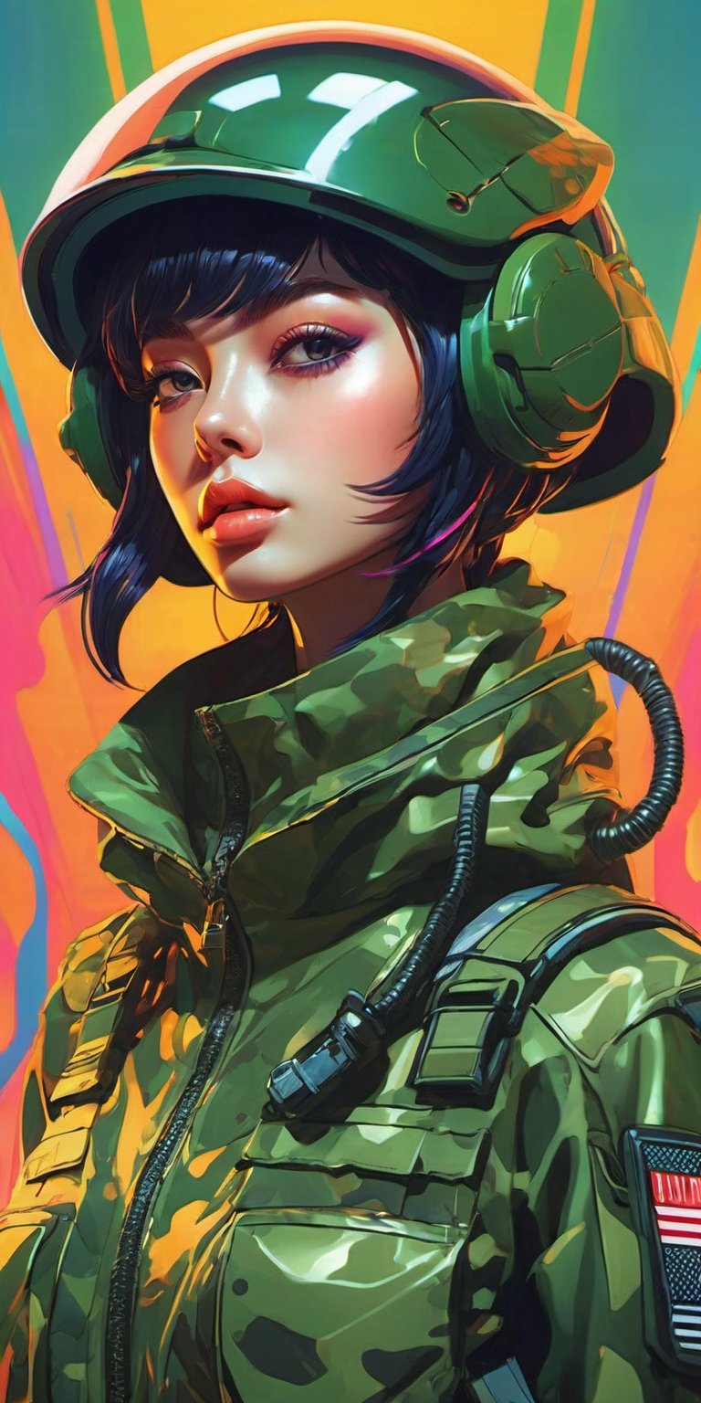 in a army background portrait of little alien woman, wearing (army attire):1.1, Prominent eyes, funky background, illustration, anime, vector, nft, azuki style, anime style, cowboy shot,digital multi colored, slick bold design, clean, glossy lines, digital illustration, gloss finish, funky aesthetic, impeccable detail, awesome visual impact, endowed with gloss finish, bathed in volumetric lighting, refined by Add_Details_XL-fp16 algorithm, 4D octane rendering, infused with global illumination and precise line art, softened through macros, executed with V-Ray, epitome of visionary art, nuanced by elegant perfectionism and pop art consumerism, infused, aw0k euphoric style --niji 50 --auto --s2 --testp --chaos 50