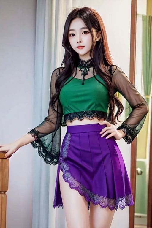 A beatiful woman, long hair, age 22 , focus legs, Lace mini slit skirt, see_through:0.6, green top,red dress,Purple skirt