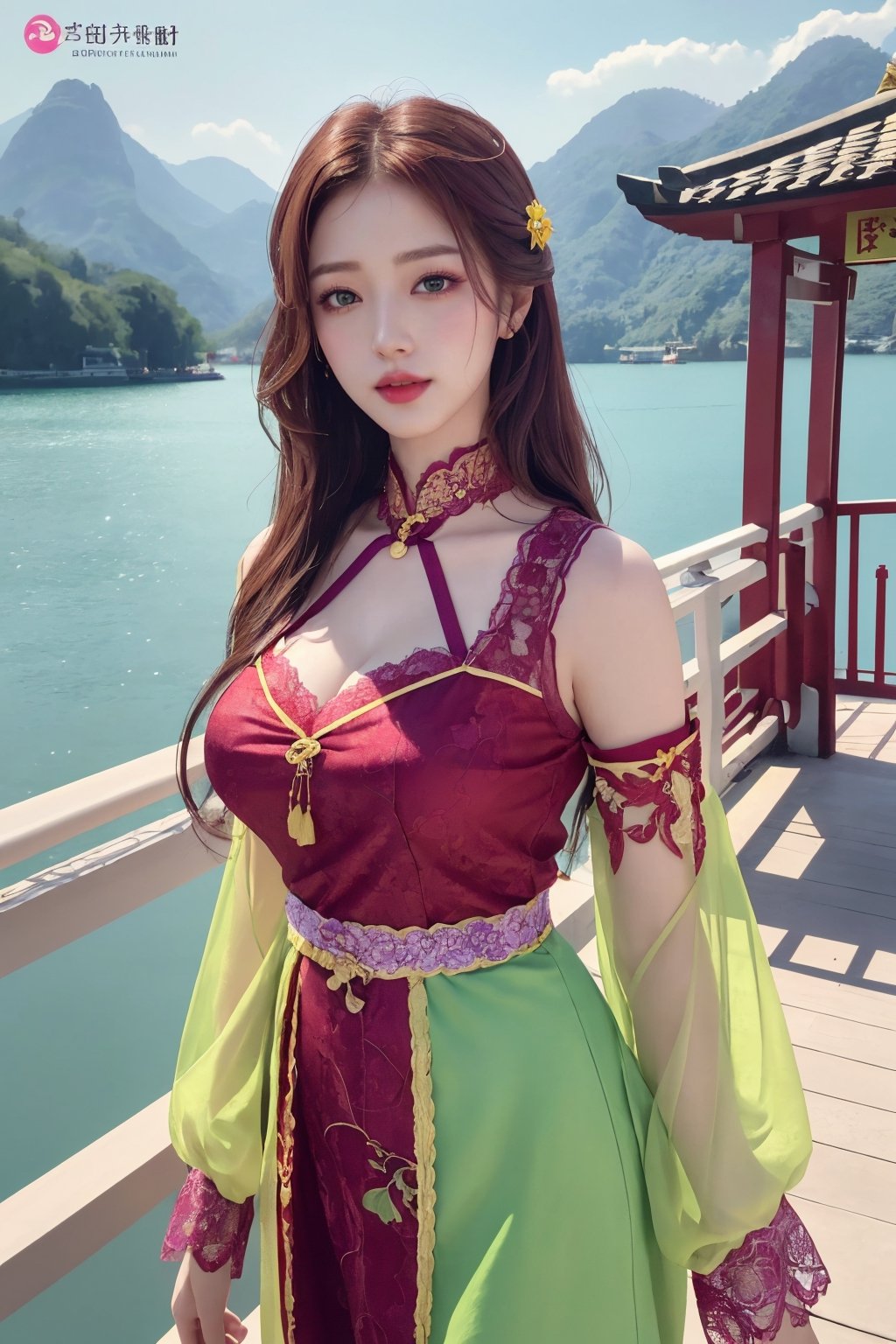  photorealistic, masterpiece, best quality, raw photo,medium breasts,(8k,  RAW photo,  photorealistic:1.25),  (highly detailed skin:1.2),   ,  well sunlit,  outdoor,  ulzzang,  phoenix eyes,  cherry lips, beautiful face, full body,  (Purple,  yellow,  green and red  lace traditional clothing),  long_hair , Taking photos near the Sun Moon Lake cable car station
