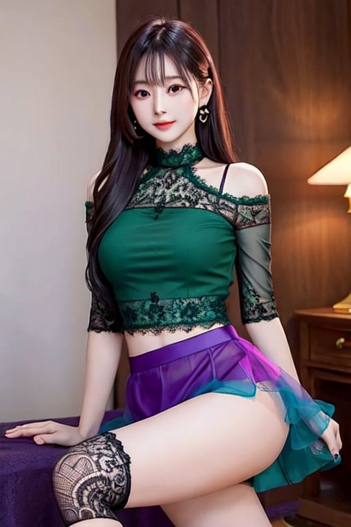 A beatiful woman, long hair, age 22 , focus legs, Lace top mini slit skirt, see_through:0.6, green top,red dress,Purple skirt