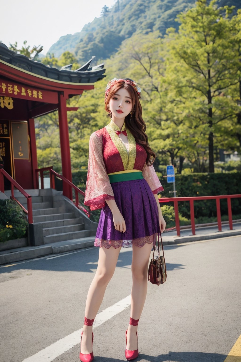  photorealistic, masterpiece, best quality, raw photo,medium breasts,(8k,  RAW photo,  photorealistic:1.25),  (highly detailed skin:1.2),   ,  well sunlit,  outdoor,  ulzzang,  phoenix eyes,  cherry lips, beautiful face, full body,  (Purple,  yellow,  green and red  lace traditional clothing),  long_hair , mini lace skirt, Taking photos near the Sun Moon Lake cable car station
