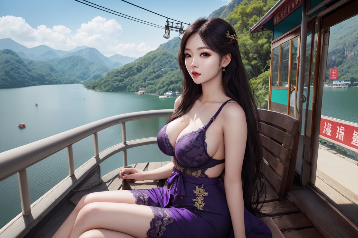 (8k,  RAW photo,  photorealistic:1.25),  ( 32D cup breasts),  (highly detailed skin:1.2),  ,  well sunlit,  outdoor,  ulzzang,   phoenix eyes,  cherry lips,beautiful face,full body , Purple  lace traditional clothing  ,  long_hair ,Taking photos near the Sun Moon Lake cable car station