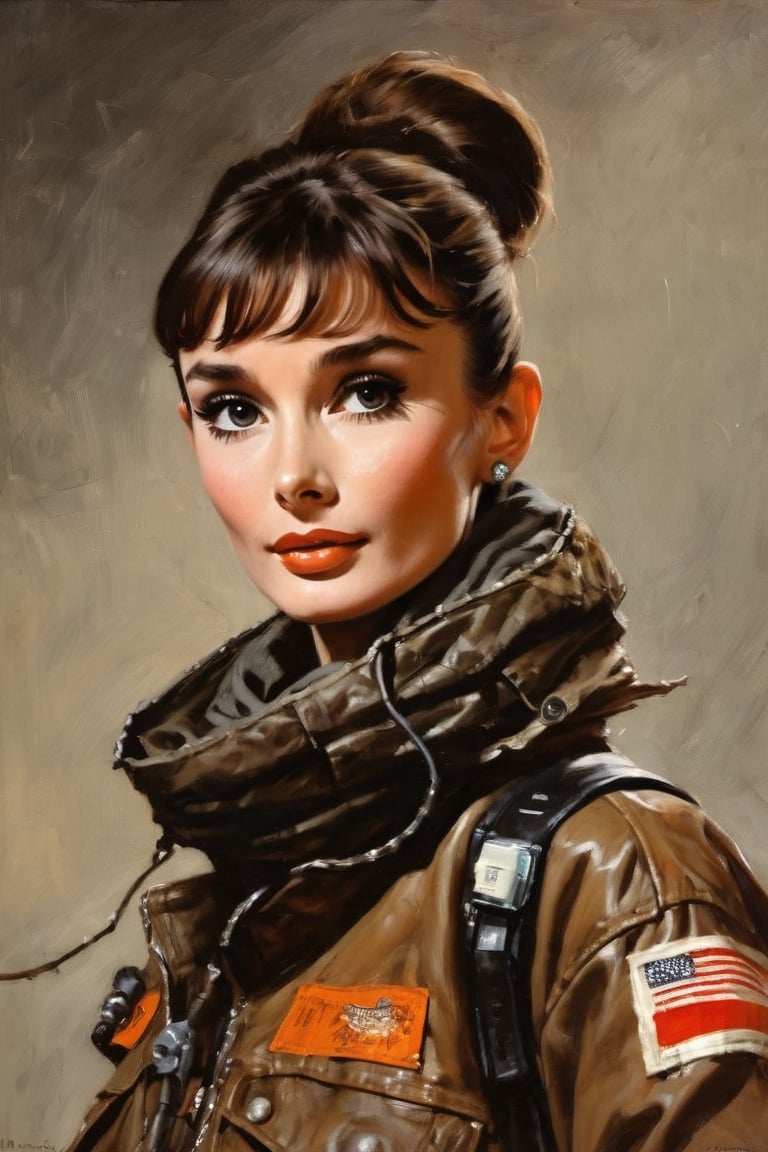 (portrait of Audrey Hepburn wearing old futuristic flight jacket, scars, scrap metal, radio, scarf, 1970s), in the style of Frank Frazetta, Arther Rackham, Dean Cornwell, pulp, volumetric lighting, dramatic lighting, pulp science fiction, black, smoke, belt, backpack, warm colors