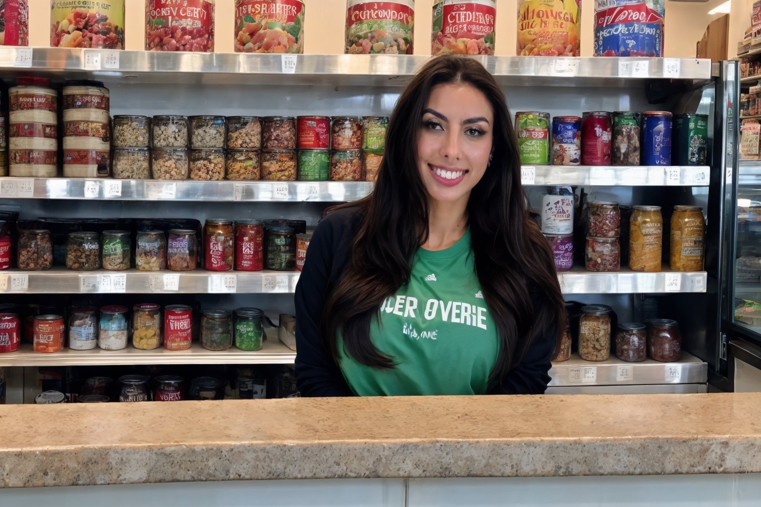  fairytale, 29 year old, straight long black hair, huge tits, extremely cute Mexican woman, (((behind the counter))) of a little town store, background of shelves full of food cans,( (two glass shelves one on each side of her,  on top of the counter filled with candies)), she wears a long sleeve green Abercrombie shirt and jeans, she leans towards the counter letting the observer see her nice tits, low intensity lights on the store