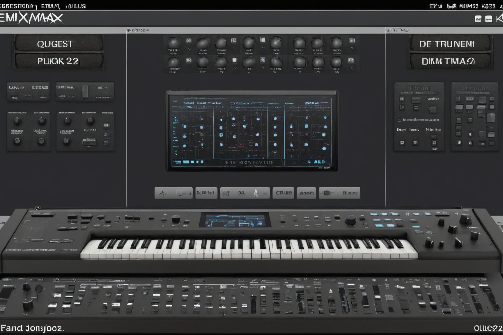 Masterpiece, highly detailed 88 keys E-MU EMAX 2023 synthesizer, 3 monitor screens to display the plugins and visualize the music, screenscyberpunk style,photo r3al