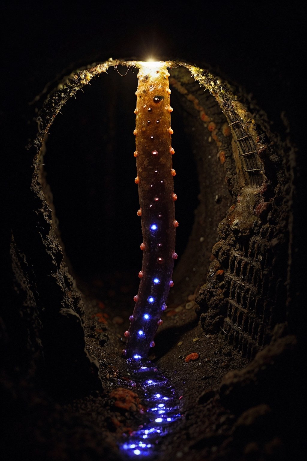 A slimy creature mixed with cobra snake with bio-luminescence hairs, moves through the moldy surface of a New York sewer line at summer season, emitting electrical charges through its skin. Dimmed lights.