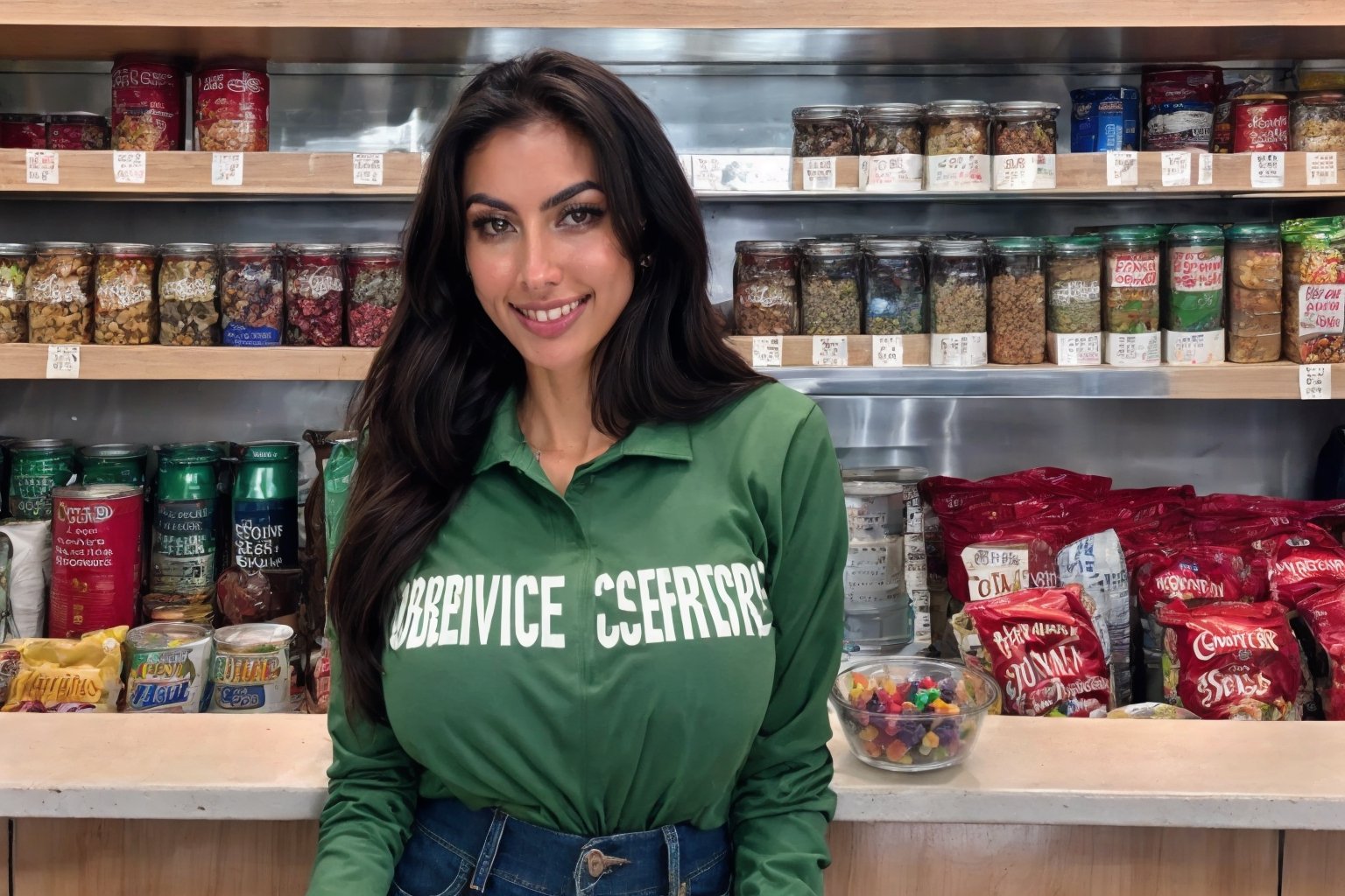  fairytale, 29 year old, straight long black hair, huge tits, extremely cute Mexican woman, (((behind the counter))) of a little town store, background of shelves full of food cans,( (two glass shelves one on each side of her,  on top of the counter filled with candies)), she wears a long sleeve green Abercrombie shirt and jeans, she leans towards the counter letting the observer see her nice tits, low intensity lights on the store