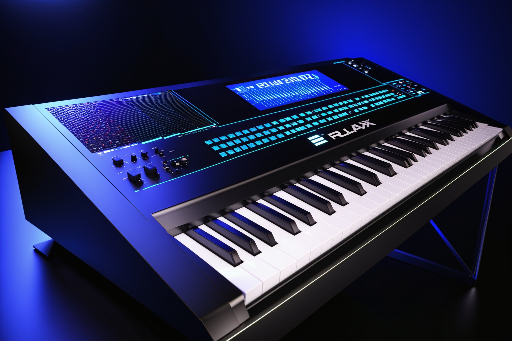 photo r3al, photorealistic, masterpiece, hyperdetailed photography of a 88 keys E-MU EMAX 2023 concept synthesizer, 1 dome type glass monitor screen that proyects parameters like a HUD to see the plugins and visualize the music, ultrarealistic piano keyboard, recording studio atmosphere,best quality, 8k UHD, 8k, ultra quality, ultra detailed, LED lights,photo r3al