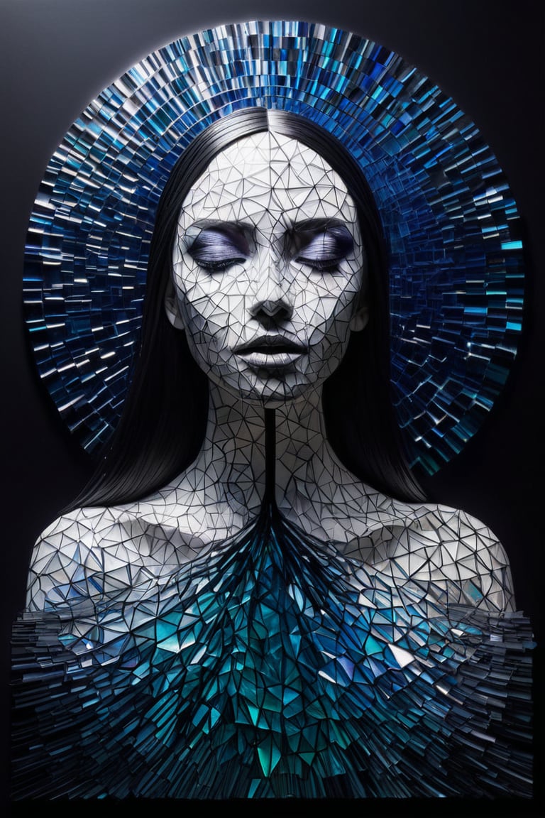 TranslucentGeometry, woman, flowing hair and skin resembling shattered black glass interwoven with geometric patterns, reflecting a complex interplay of colorful abstract and real elements of her surroundings. This stark, monochromatic palette is enriched with bursts of iridescent colors—vivid blues, purples, and greens—that highlight her introspective and poignant expression. Beneath her translucent skin, the skeletal structures incorporate geometric forms, adding an intricate layer of design and delving into themes of identity and self-perception. Rendered in 4K 3D, the focus is on the dark, fragmented texture intertwined with precise geometric lines and dramatic lighting that casts deep, structured shadows interplayed with colorful light reflections, creating an enigmatic and intense atmosphere. Integrate elements of fine white and silver particles forming crystalline shapes across her body, with light and shadows dynamically interacting within the geometrically fragmented form. Artistic motifs include a swirling vortex with angular edges, cosmic waves rendered in sapphire tones with vector-style graphics, and ethereal Yarn DNA structures resembling a sequence of interconnected polygons against a backdrop of a stark, minimalist white wall. Above her, the sky melds surreal cracks with a structured, grid-like pattern, illuminated by a twilight sunset that casts a spectrum of chromatic hues, enhancing the blend of surrealism and structured reality.