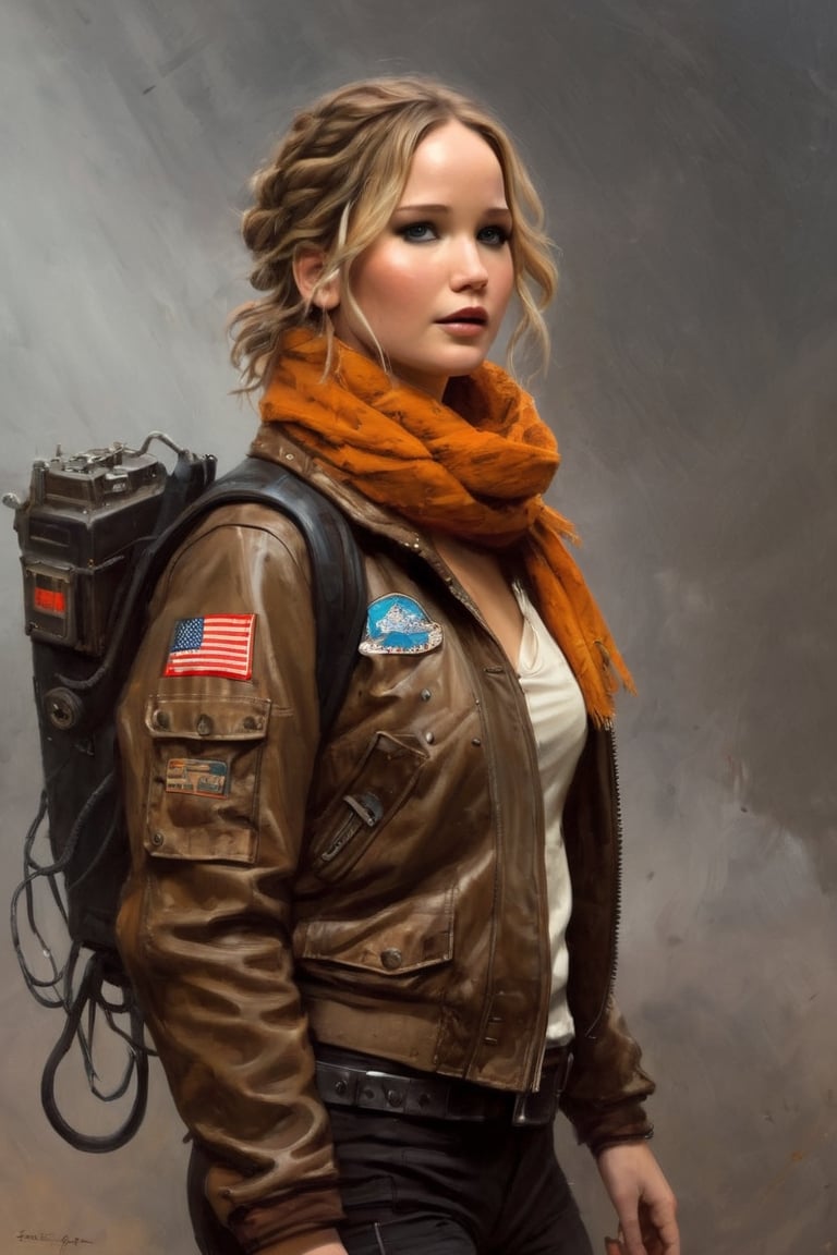 (portrait of Jennifer Lawrence wearing old futuristic flight jacket, scars, scrap metal, radio, scarf, 1970s), in the style of Frank Frazetta, Arther Rackham, Dean Cornwell, pulp, volumetric lighting, dramatic lighting, pulp science fiction, black, smoke, belt, backpack, warm colors