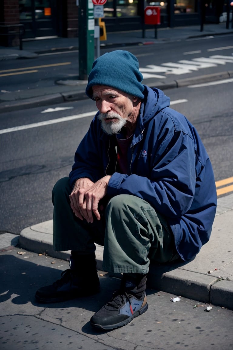 A homeless woman sitting on the sidewalk calls out to a man on the street asking: "Sir, can you help me?, It's cold and I've nowhere to sleep
Is there somewhere you can tell me?"
