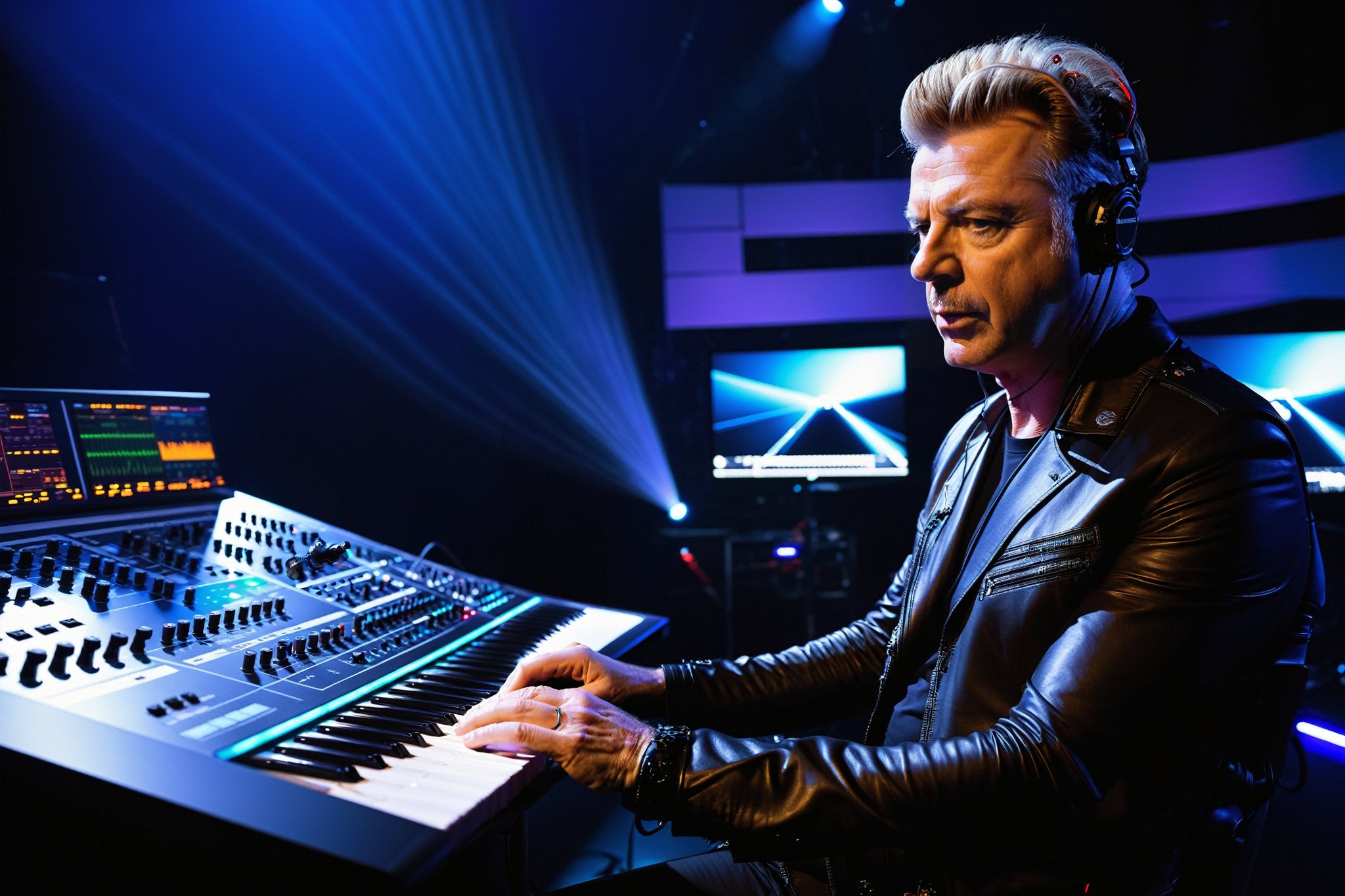 Andy Fletcher playing a photo-realistic, masterpiece, hyper-detailed photography of a 88 keys Roland 2023 concept synthesizer, monitor screens to display the plugins and visualize the music, Boeing 787 cockpit style screens distribution and controllers, ultra-realistic piano keyboard, recording studio atmosphere, best quality, 8k UHD, 8k, ultra quality, ultra detailed, LED lights, spectrum analyzers and sequencers, photo r3al, drone view, background of a Depeche Mode concert in Paris crowd, laser rays on the scenario as part of the show,steampunk style