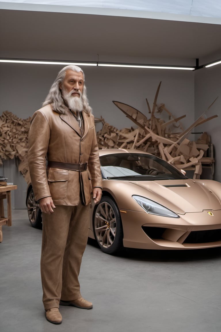Create an image of Leonardo da Vinci in old Renaissance attire at his atelier designing a 2023 concept super-car in clay. Produce a movie still-style image in RAW format with full sharpness, detailed facial features (skin: 1.2), and a subtle film grain effect, resembling Fuji-film XT3s cameras. Ensure a high-quality 8k UHD resolution, taken with a DSLR in soft lighting