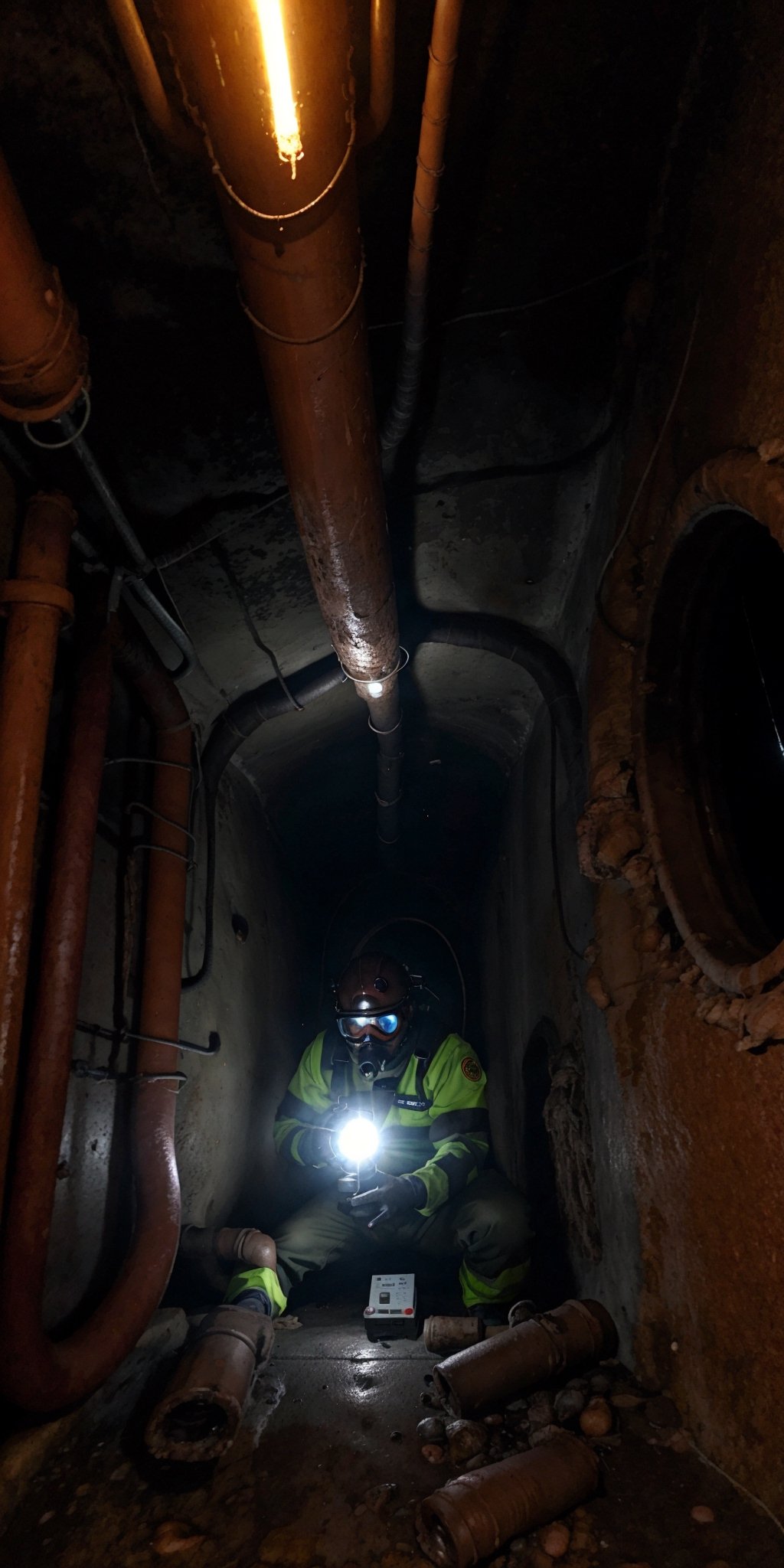 A County worker at Los Angeles Sewer line, using a Self Contained breathing apparatus, harnessed, hard hard, googles, gloves,  radio to communicate, flashlights, descending trough a sewer manhole into a giant vault, humid, water vapor, mold, dim lights, (((rats, cockroaches, feces)))