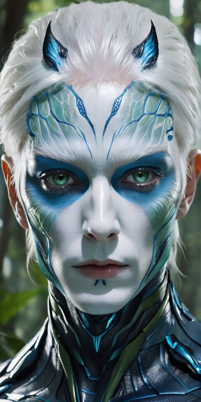 create a hyper realistic image of human looking allien emerging from symbiotic blue cacoon, up close, (((titanium white skin, pale skin))), white hair, blue veins on face, green big cat eyes, 8k, high detailed, sharp focus.,Extremely Realistic,Movie Still,Stylish,Man,Portrait,more detail XL,Sci-fi 