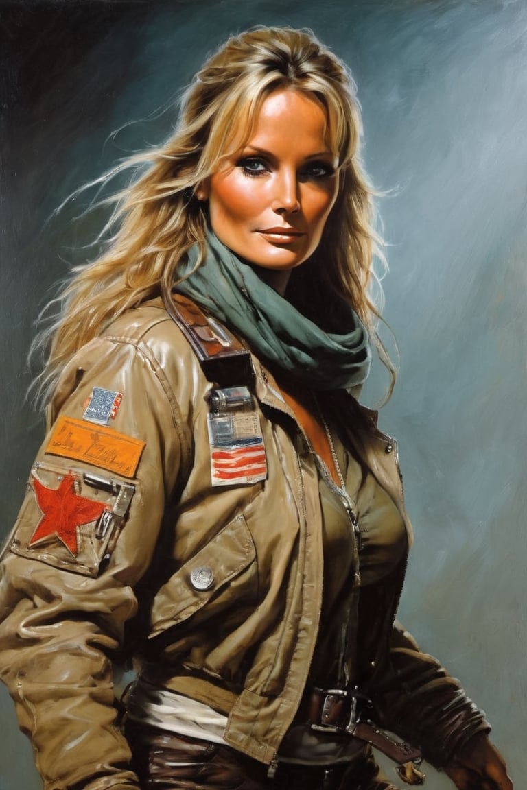 (portrait of Bo Derek wearing old futuristic flight jacket, scars, scrap metal, radio, scarf, 1970s), in the style of Frank Frazetta, Arther Rackham, Dean Cornwell, pulp, volumetric lighting, dramatic lighting, pulp science fiction, black, smoke, belt, backpack, warm colors