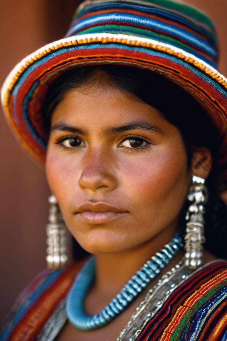 Detailed portrait of Beautiful Bolivia cholita girl shot, cholita hat, on Hasselblad 501c three point lighting Sci-Fi atmosphere,