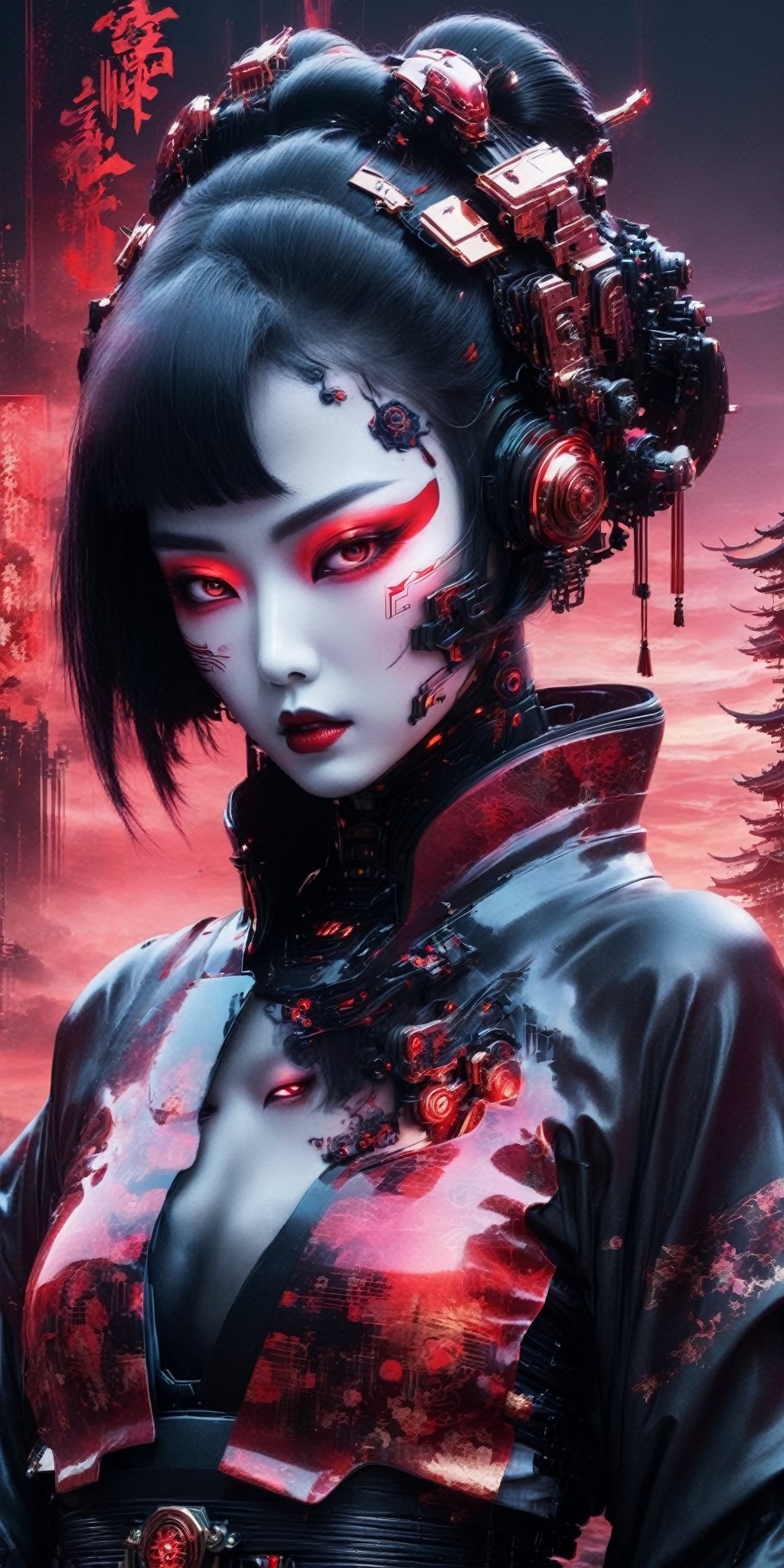 Generate a high-definition, world-class image featuring a lethal geisha cyborg assassin donning a hooded kimono and futuristic armor in a post-apocalyptic setting. The backdrop should depict a red-gold sky, merging elements of neon horror, glitch-core, and dystopian sci-fi aesthetics. The composition should exhibit a blend of modern European ink painting and mixed media, creating a beautifully ominous and hauntingly beautiful scene. The cyborg should exude an androgynous, otherworldly allure, with a captivating fusion of black and neon cosmic art elements. The image should evoke a sense of analog horror, drawing inspiration from the Meiji era and space punk influences. This artwork should be a modern masterpiece, exceptionally unique and exquisite in its dark fantasy and apocalypse art style, reminiscent of calotype techniques, with a surreal touch of transparent nylon.