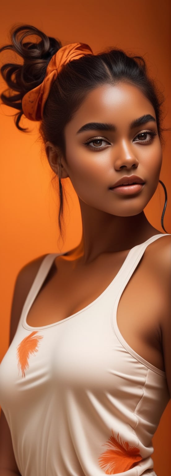 Solo: A woman posing against a warm, golden-hued backdrop, her messy bun hairstyle and brown skin tone glowing under soft lighting. Her eyelashes, enhanced with extensions, frame her expressive eyes, while unique feathered eyebrows add a touch of whimsy. Long, orange-painted nails extend from her hands, which rest on the fabric of her sleeveless top in a gentle, effortless pose. Dark orange leggings create a striking contrast against the soft, sunset-inspired colors that dance across her skin. The image is rendered in black and white, with subtle pops of color in various shades of orange, evoking a sense of warmth and intimacy.