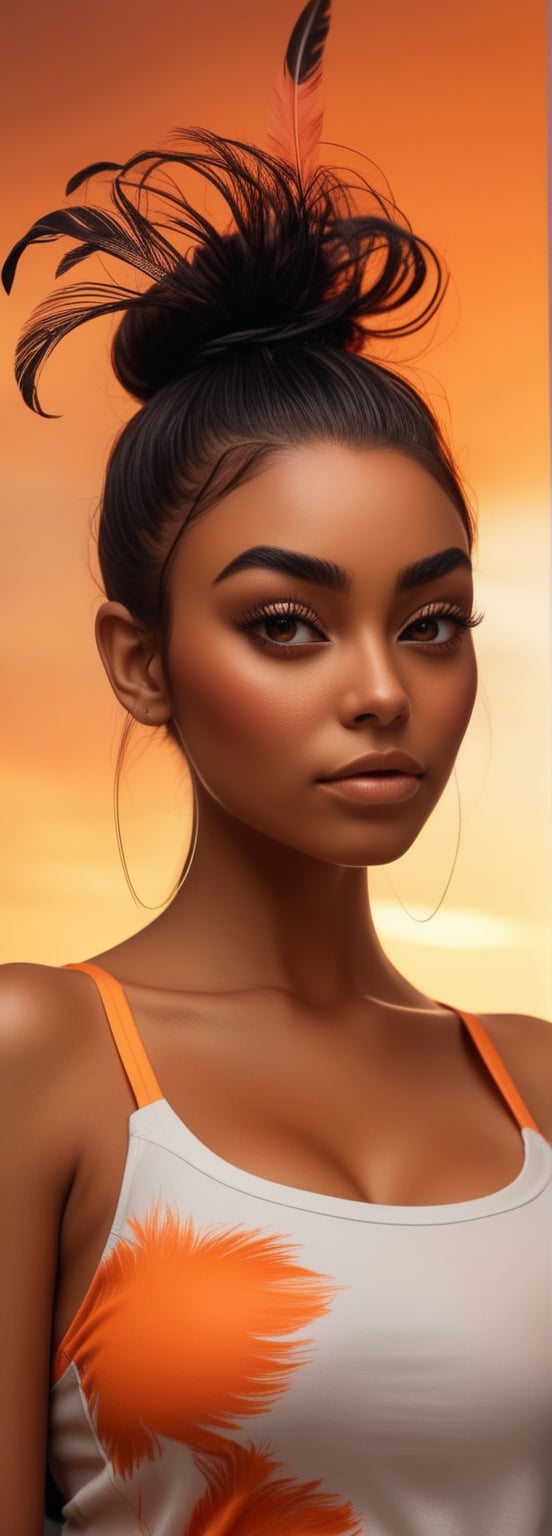 Solo, A woman with a messy bun hairstyle and brown skin tone. Her eyelashes are enhanced with extensions and her eyebrows have a unique feather style. Her nails are long and painted a bright orange. She wears a sleeveless top in a soft orange tone and leggings in a dark orange shade. This woman is at sunset, under soft golden lighting that highlights the orange hues, and the image is shown in black and white with touches of color in the various shades of orange.,add_detail:0,7
