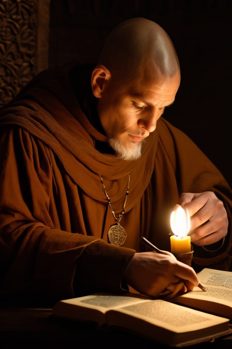 Detailed portrait of a Medieval Monk translating books shot, on Hasselblad 501c three point lighting Sci-Fi atmosphere,