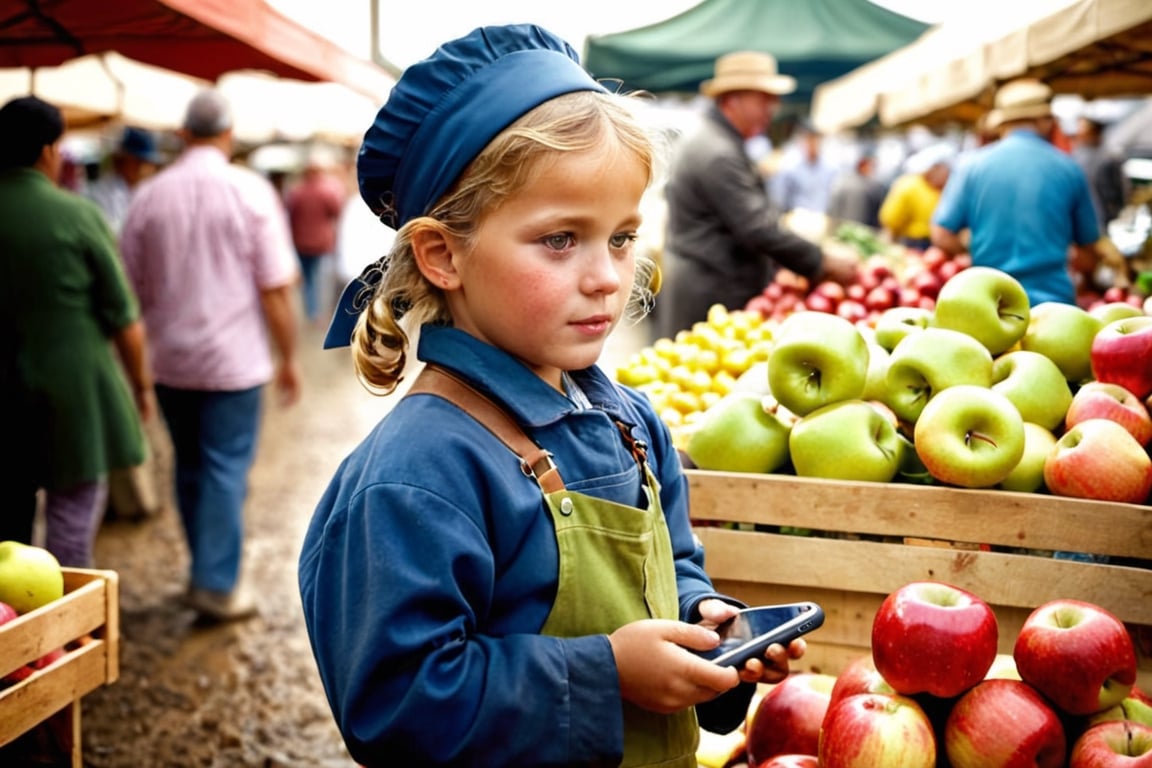 Craft an evocative image that tells the story of a curious child at a vibrant farmers' market, eagerly offering their shiny iPhone to a vendor in exchange for a pristine, mouthwatering apple. The scene should capture the anticipation and wonder on the child's face, the bemusement of the vendor, and the intrigue of the surrounding market-goers as they witness this unexpected barter, masterpiece, photorealistic,nature