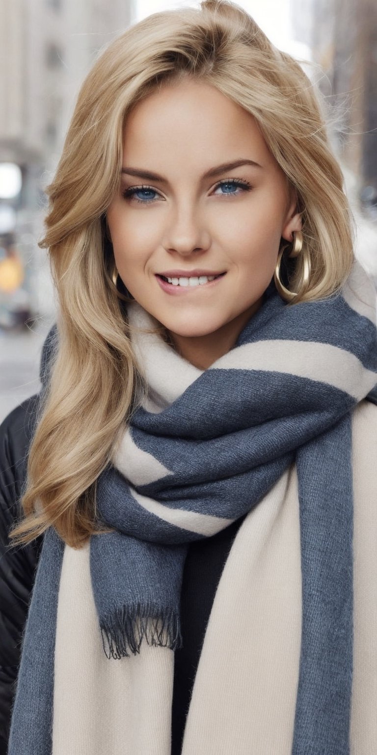 Generate hyper realistic image of a woman with blonde ponytail, mesmerizing blue eyes, and a warm, innocent smile, rocking November designer streetwear. The large scarf elegantly covers her mouth, and she complements her look with stylish earrings and dark makeup. The urban setting adds an edge to her fashionable presence. biting lips