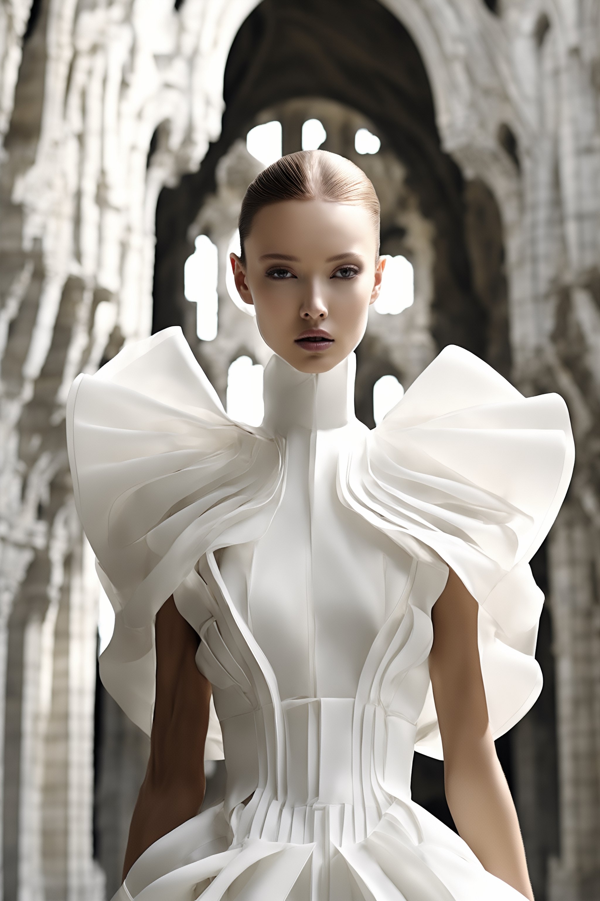 Neo-futuristic model wears white couture by Iris Van Herpen, , high-key photo, at an Austrial Castle background