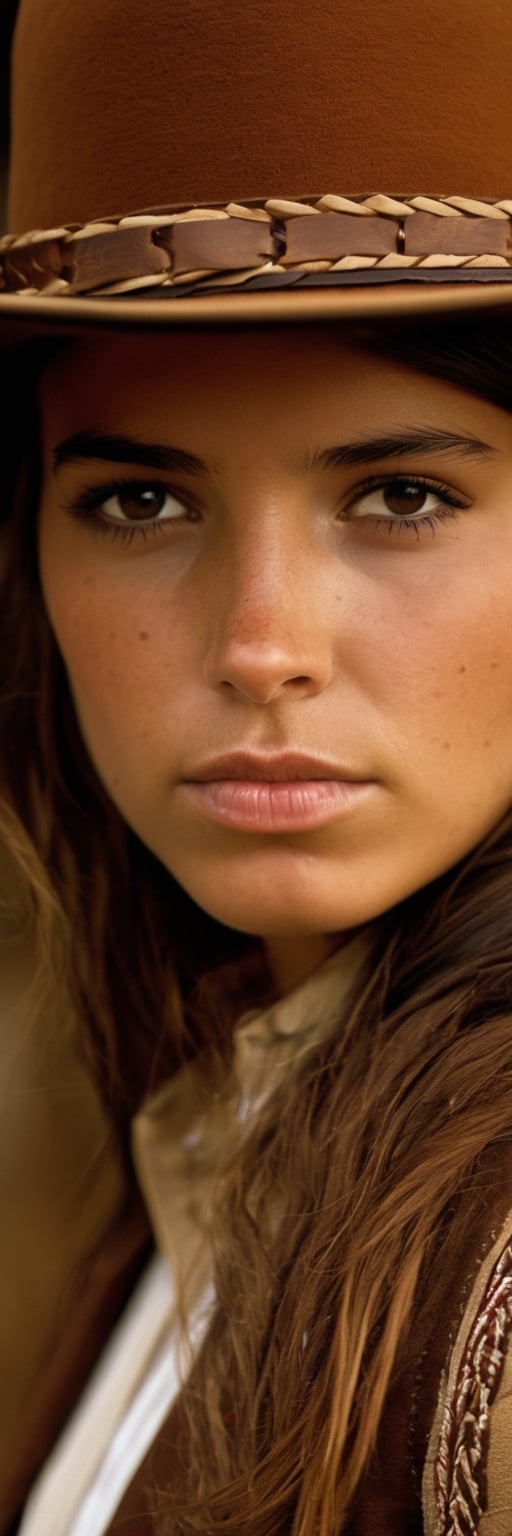 Detailed portrait of Beautiful Argentina gaucho girl shot, brown hat, on Hasselblad 501c three point lighting Sci-Fi atmosphere,