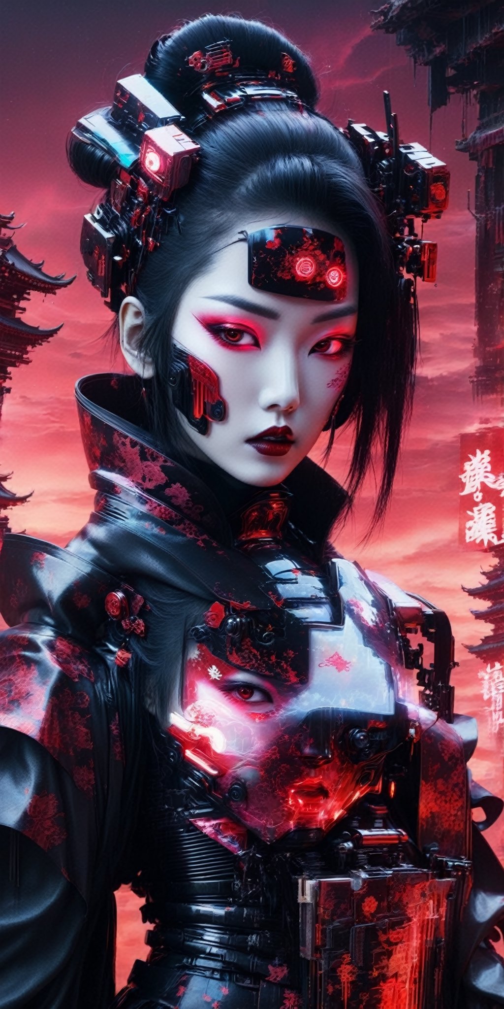 Generate a high-definition, world-class image featuring a lethal geisha cyborg assassin donning a hooded kimono and futuristic armor in a post-apocalyptic setting. The backdrop should depict a red-gold sky, merging elements of neon horror, glitch-core, and dystopian sci-fi aesthetics. The composition should exhibit a blend of modern European ink painting and mixed media, creating a beautifully ominous and hauntingly beautiful scene. The cyborg should exude an androgynous, otherworldly allure, with a captivating fusion of black and neon cosmic art elements. The image should evoke a sense of analog horror, drawing inspiration from the Meiji era and space punk influences. This artwork should be a modern masterpiece, exceptionally unique and exquisite in its dark fantasy and apocalypse art style, reminiscent of calotype techniques, with a surreal touch of transparent nylon.