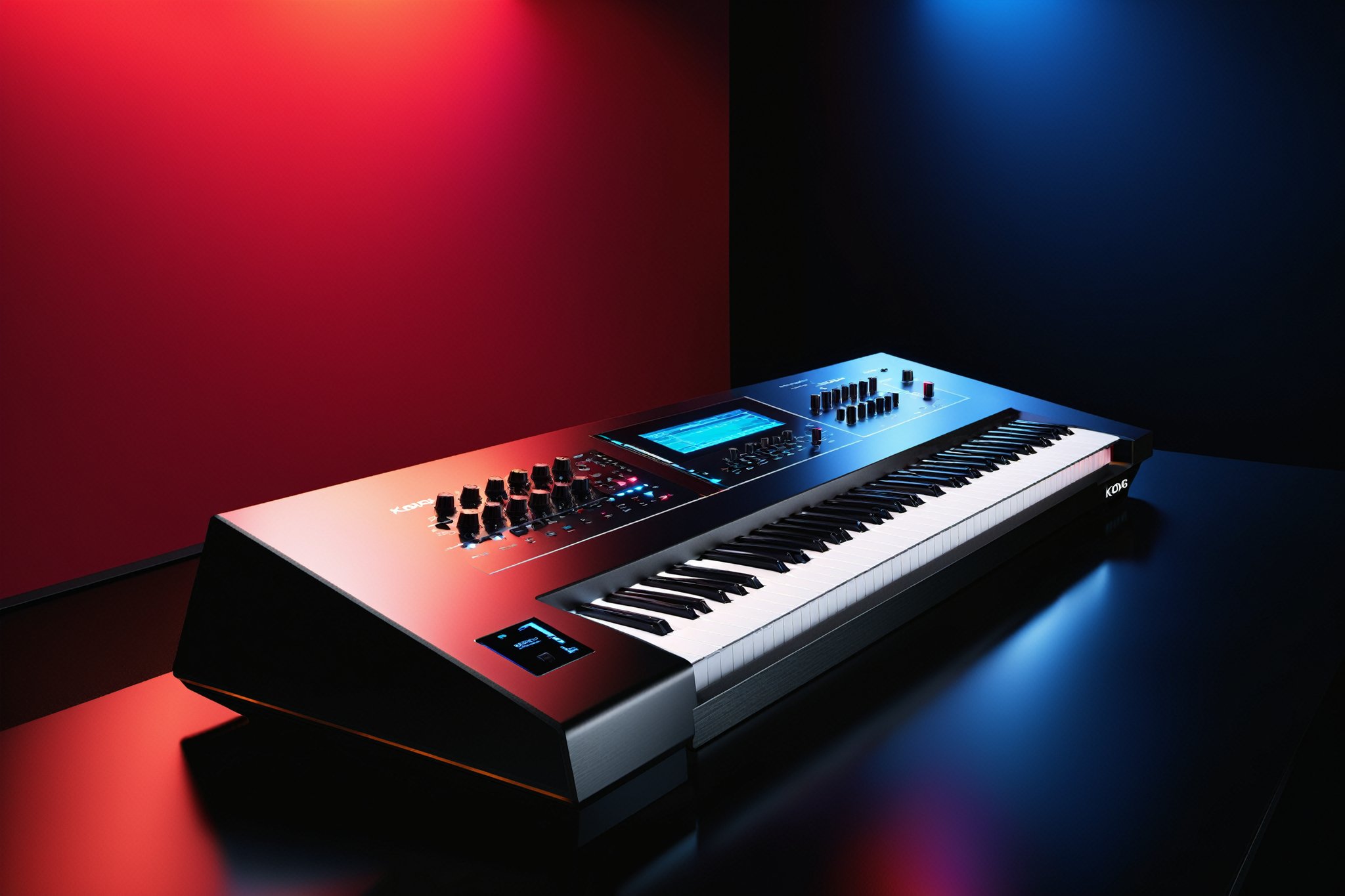 photorealistic, wide angle, masterpiece, hyperdetailed photography of a 88 keys E-MU EMAX 2023 concept synthesizer with 1 dome type glass monitor screen that proyects parameters like a cockpit HUD to see the plugins and visualize the music, the proyect should fold itseft and become its ouwn carrying box, the piano has also a UHD proyector to see the mixing parameters on a background wall, show a proyection in the style of fruity loops software combine with KORG software, ultrarealistic piano keyboard, recording studio atmosphere,best quality, 8k UHD, 8k, ultra quality, ultra detailed, LED lights,photo r3al