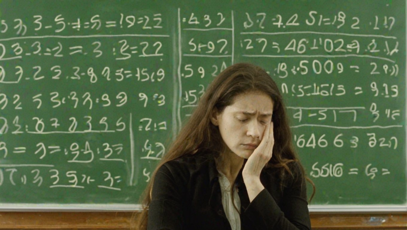 Le penseur de Rodin but a woman, in front of diffcult math problem on a blackboard