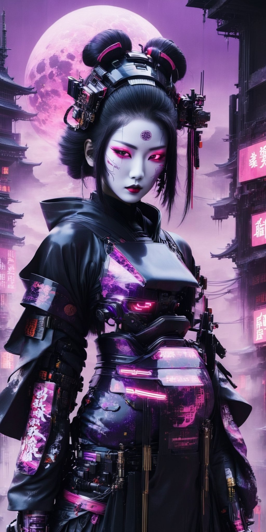 Generate a high-definition, world-class image featuring a lethal geisha cyborg assassin donning a hooded kimono and futuristic Kendo armor in a post-apocalyptic setting. The backdrop should depict a purple-yellow-white sky, merging elements of neon horror, glitch-core, and dystopian sci-fi aesthetics. The composition should exhibit a blend of modern European ink painting and mixed media, creating a beautifully ominous and hauntingly beautiful scene. The cyborg should exude an androgynous, otherworldly allure, with a captivating fusion of black and neon cosmic art elements. The image should evoke a sense of analog horror, drawing inspiration from the Meiji era and space punk influences. This artwork should be a modern masterpiece, exceptionally unique and exquisite in its dark fantasy and apocalypse art style, reminiscent of calotype techniques, with a surreal touch of transparent fluorescent pink nylon.