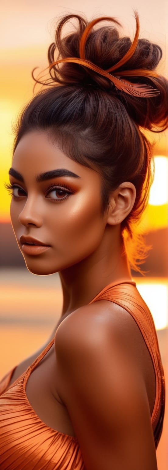 Solo, A woman with a messy bun hairstyle and brown skin tone. Her eyelashes are enhanced with extensions and her eyebrows have a unique feather style. Her nails are long and painted a bright orange. She wears a sleeveless top in a soft orange tone and leggings in a dark orange shade. This woman is at sunset, under soft golden lighting that highlights the orange hues, and the image is shown in black and white with touches of color in the various shades of orange.,add_detail:0,7
