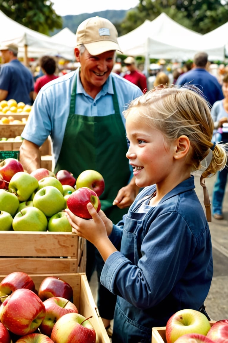 Imagine a visually striking scene at a lively farmers' market where a young kid is in the process of exchanging their iPhone for a fresh, crisp apple. The image should showcase the child's enthusiasm and the vendor's reaction, with other market-goers in the background, reflecting various emotions as they observe this unique and unexpected bartering scenario. The image should convey a sense of curiosity, surprise, and the contrast between modern technology and natural produce, masterpiece, photorealistic,nature