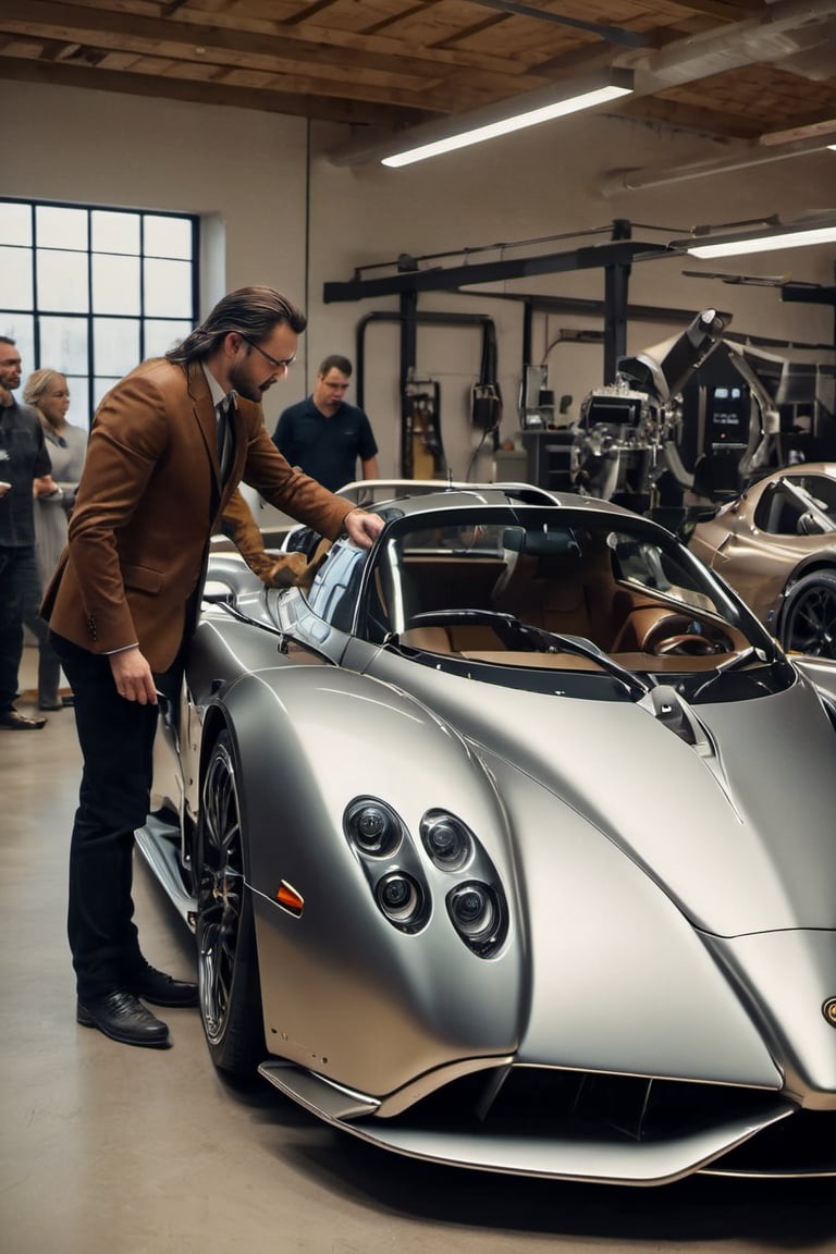 Generate a compelling photo scene featuring Leonardo da Vinci at a modern-day Pagani Zonda car assembly atelier. Depict da Vinci inspecting the vehicle and providing engineers with his observations and critiques. Capture the fusion of Renaissance genius and cutting-edge automotive technology in this imagined historical moment, Movie Still, inst4 style, RAW photo, full sharp, detailed face (high detailed skin:1.2), 8k UHD, DSLR, soft lighting, high quality, film grain, Fuji-film XT3s , see through":1.2)