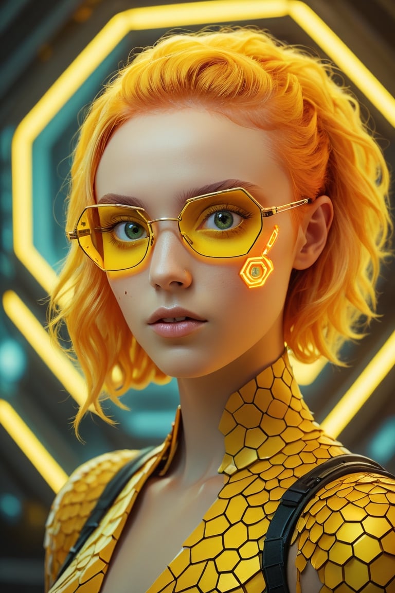 Best quality, Raw photo, face portrait, a young cyborg woman with fiery yellow hair. Her face fills the frame, bathed in neon hues, exuding determination and mystery amidst a futuristic backdrop,Hexagonal Squama, nerd glasses, dumb smile