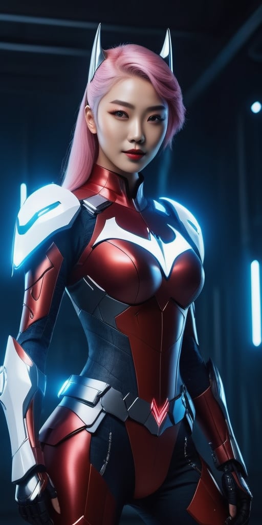 A futuristic cyberpunk scene: a stunning Korean beauty, dressed in a radiant red Batgirl-inspired mecha suit with a sleek design and sparkling details, stands confidently with her sword held high. Her pure white-pink hair flows like flames as she gazes directly at the viewer with an alluring smile. Her blue eyes sparkle under the perfect lighting, highlighting her cute and elegant features. She wears futuristic AI VR glasses, adding to her cyberpunk allure. The overall image is a breathtaking 8K masterpiece, showcasing her beauty and strength in high resolution.