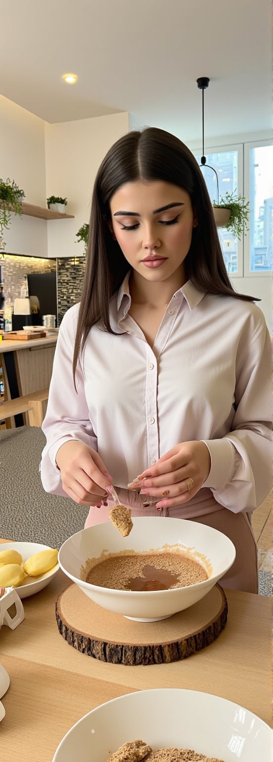 she is wearing her boyfriend's shirt early in the morning while preparing breakfast 