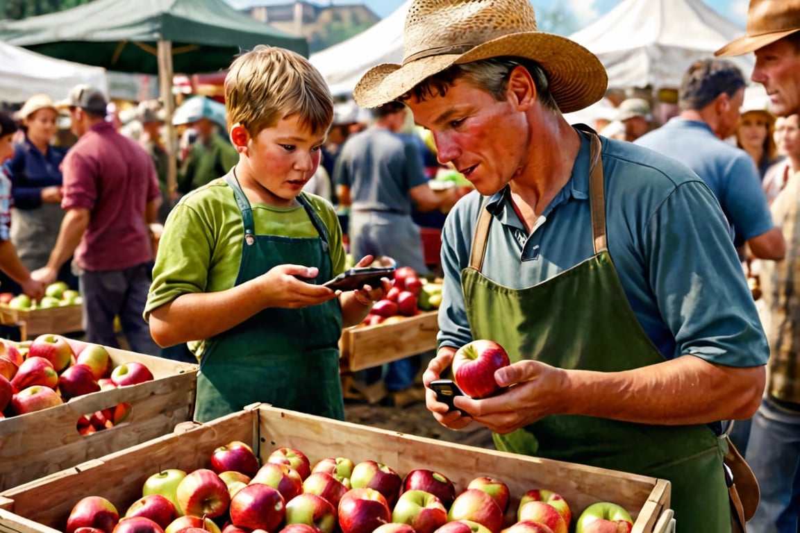 Create an image that captures the scene of a young kid bartering his iPhone for a fresh apple at the bustling farmers' market. The child should be portrayed earnestly offering the smartphone to the farmer or vendor in exchange for the ripe, juicy apple, with onlookers reacting to this unusual trade, highly detailed, masterpiece, photorealistic,nature