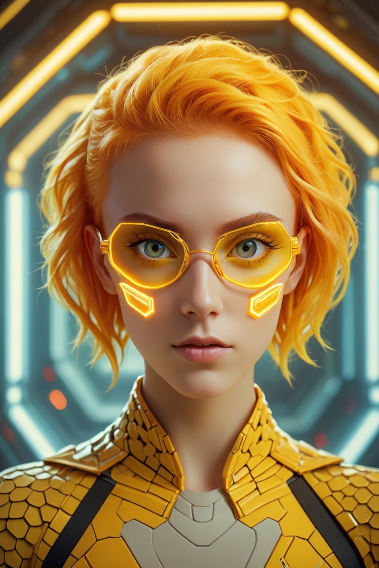 Best quality, Raw photo, face portrait, a young cyborg woman with fiery yellow hair. Her face fills the frame, bathed in neon hues, exuding determination and mystery amidst a futuristic backdrop,Hexagonal Squama, nerd glasses, dumb smile