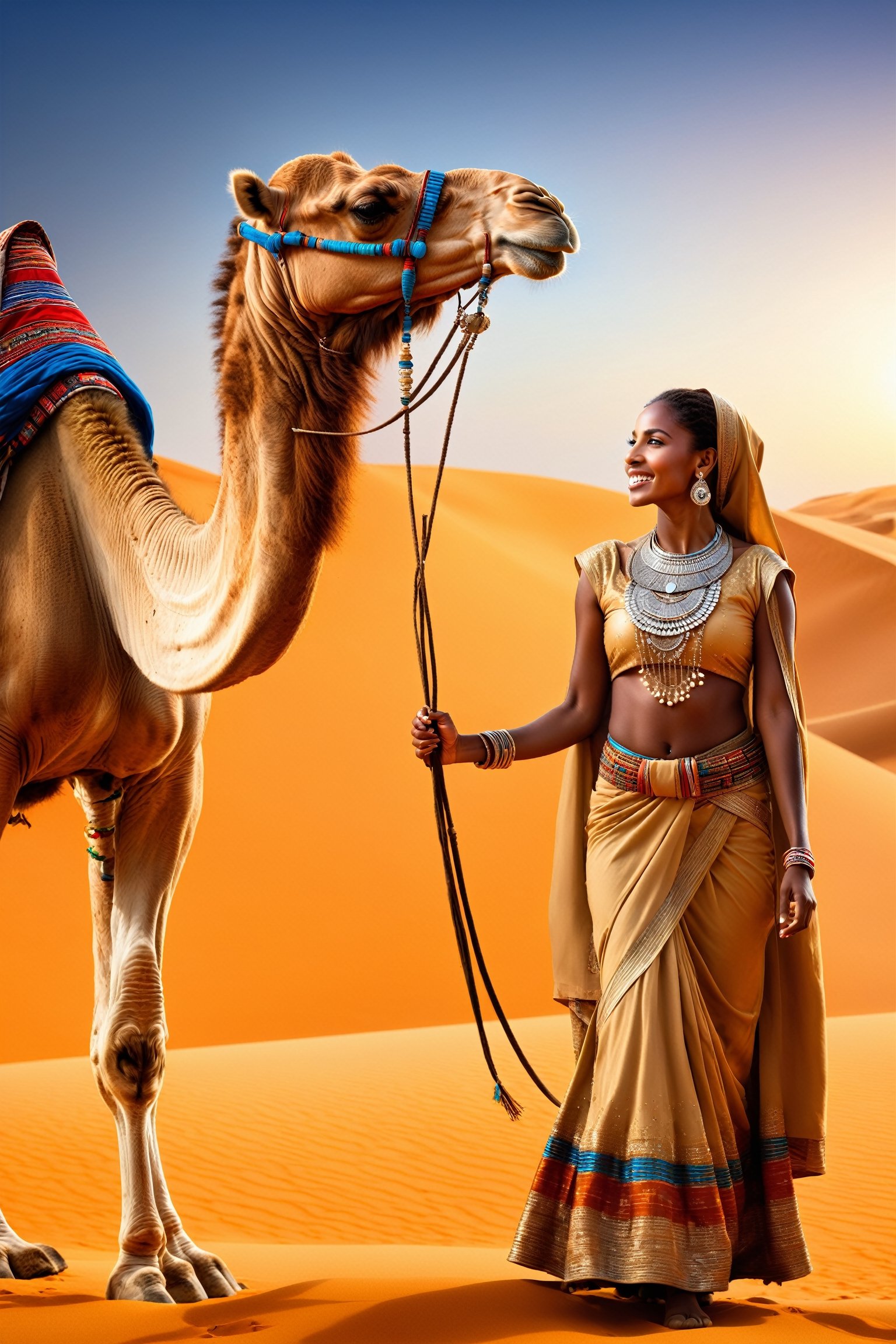 Expertly captured candid image, 
artistic masterpiece, 
meticulously detailed, 
exceptionally realistic, 
aesthetically pleasing, 
illuminated with cinematic lighting. 
Intricately depicted features, 
crisp and focused, 
featuring a Sahara desert camel gazing at a stylish African woman adorned in Sahrawis attire, 
elevating the joyful essence of the genuine photograph. 