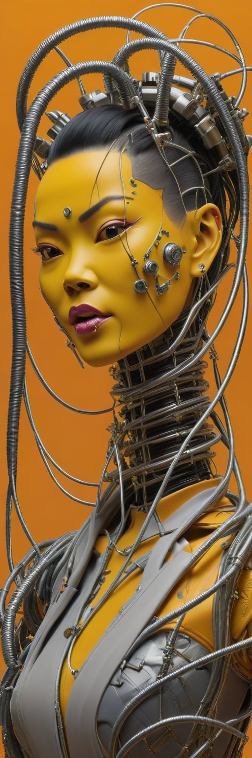 profile front Photography, in front of a orange wall, an asian cyborg woman head without body, silly smile, crazy eyes gesture, connected by cables, twisted cables and wires and LED, atractive eyes body punk PLC Robots with silver motor head, with ray guns, 80 degree view, art by Sergio Lopez, Natalie Shau, James Jean and Salvador Dali, (yellow background:1.2),Digital_Madness