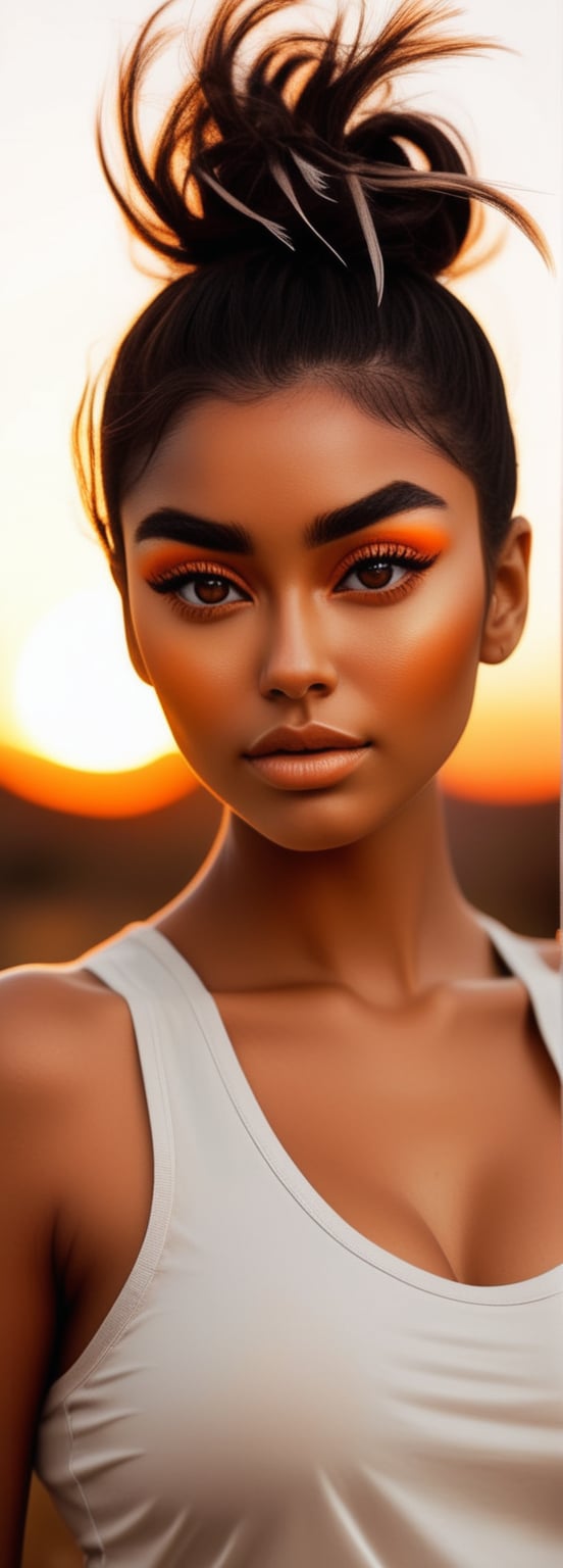 Solo, A woman with a messy bun hairstyle and brown skin tone. Her eyelashes are enhanced with extensions and her eyebrows have a unique feather style. Her nails are long and painted a bright orange. She wears a sleeveless top in a soft orange tone and leggings in a dark orange shade. This woman is at sunset, under soft golden lighting that highlights the orange hues, and the image is shown in black and white with touches of color in the various shades of orange.,add_detail:0,7
