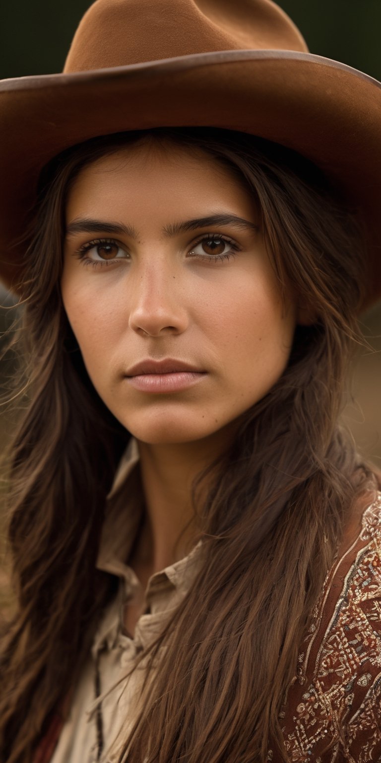 Detailed portrait of Beautiful Argentina gaucho girl shot, brown hat, on Hasselblad 501c three point lighting Sci-Fi atmosphere,