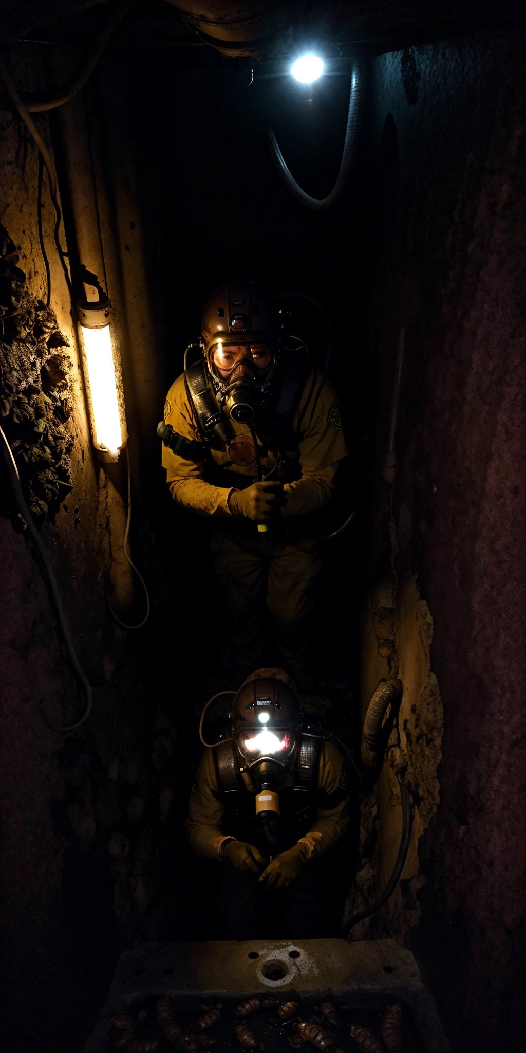 A County worker at Los Angeles Sewer line, using a Self Contained breathing apparatus, harnessed, hard hard, googles, gloves,  radio to communicate, flashlights, descending trough a sewer manhole into a giant vault, humid, water vapor, mold, dim lights, (((rats, cockroaches, feces)))