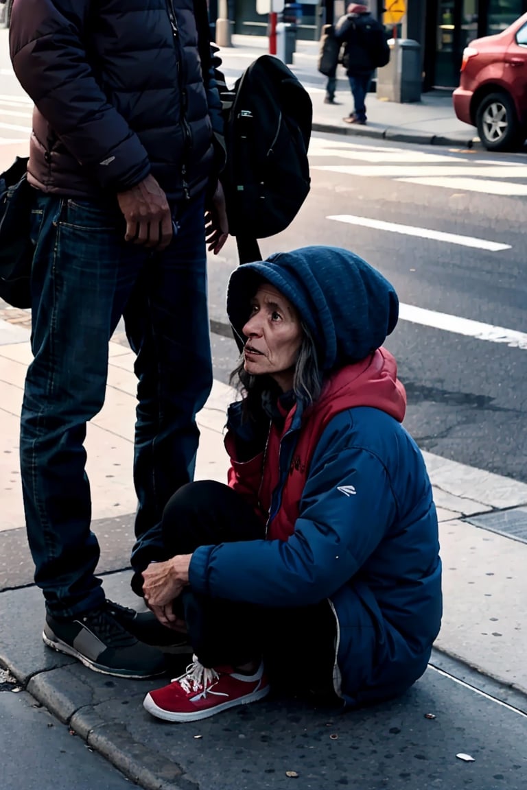 A homeless woman sitting on the sidewalk calls out to a man on the street asking: "Sir, can you help me?, It's cold and I've nowhere to sleep
Is there somewhere you can tell me?"
